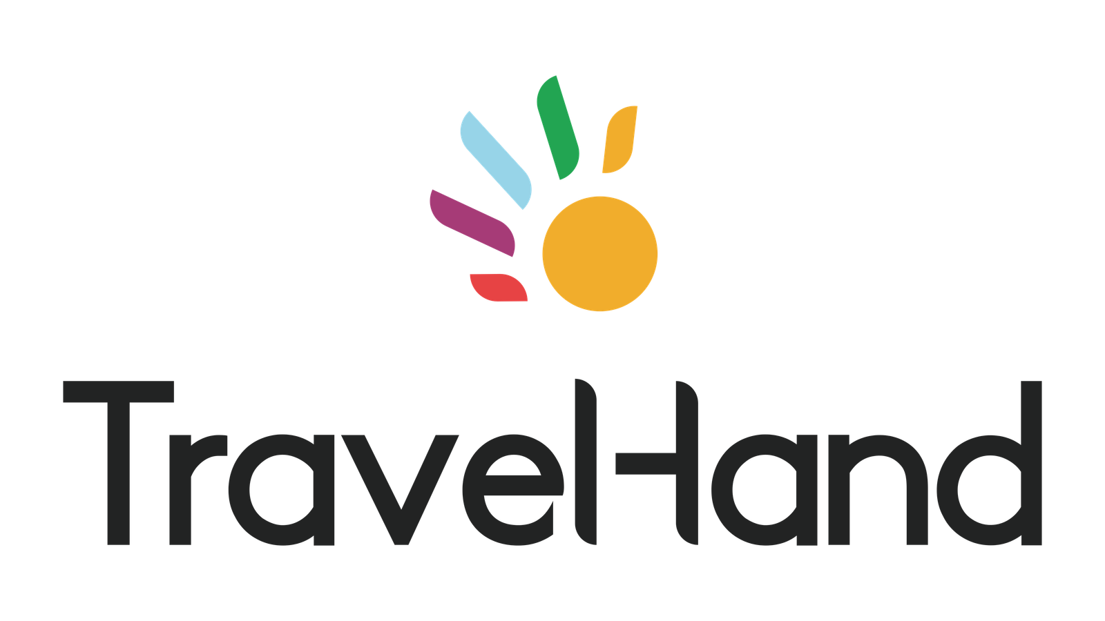 Logo de TravelHand, en forme de soleil et de main. Chaque doigt est d'une couleur différente : rouge, violet, bleu, vert, jaune.
